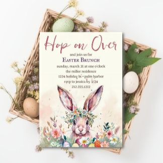 Hop on Over Easter Bunny Spring Floral Brunch  Invitation