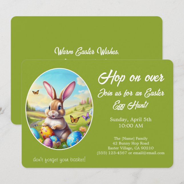 Hop on Over Easter Egg Hunt Bunny Green -  Invitation (Front/Back)