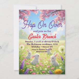 Hop on Over Easter Floral Bunny Spring Brunch Invitation