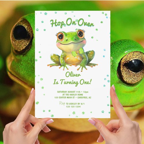 Hop On Over Frog 1st Birthday Invitation