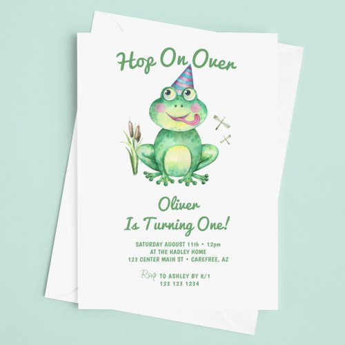 Hop On Over Green Frog 1st Birthday Invitation