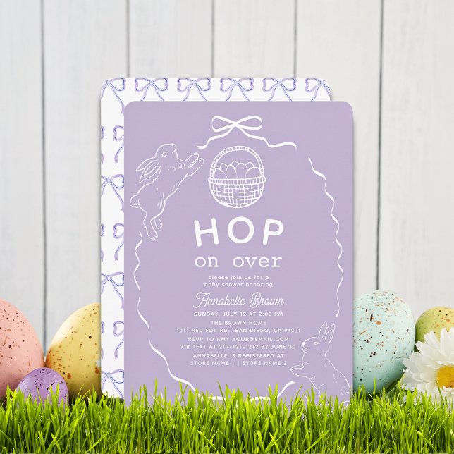 Hop on Over Lavender Bow Bunny Baby Shower Invitation (Creator Uploaded)