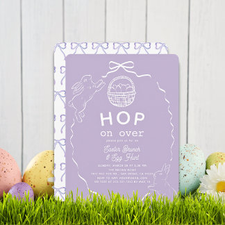 Hop on Over Lavender Bow Bunny Easter Brunch Invitation