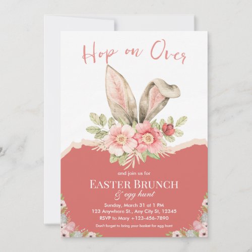 Hop On Over Pink Beige Watercolor Easter Brunch Invitation