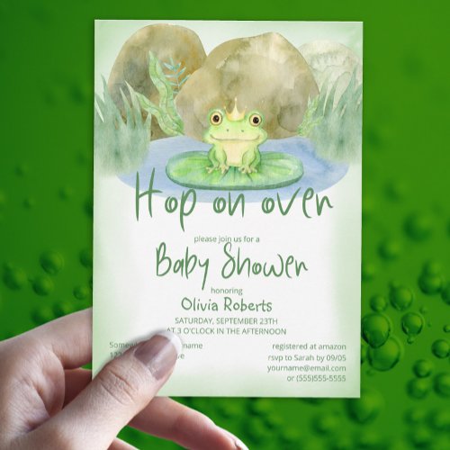 Hop on over Watercolor Princess Frog Baby Shower Invitation