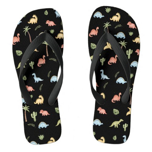 Hop On The Dinosaur Trend Black Background Flip Flops