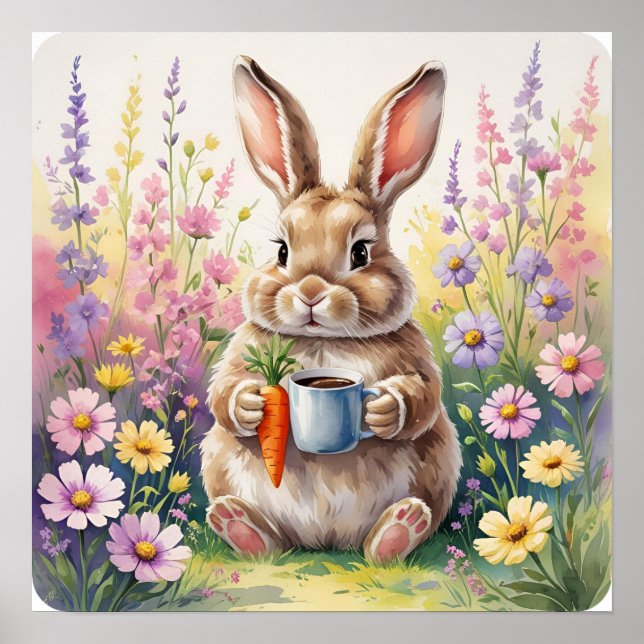 Hop & Sip – Cute Rabbit with Carrot Cup Poster (Front)
