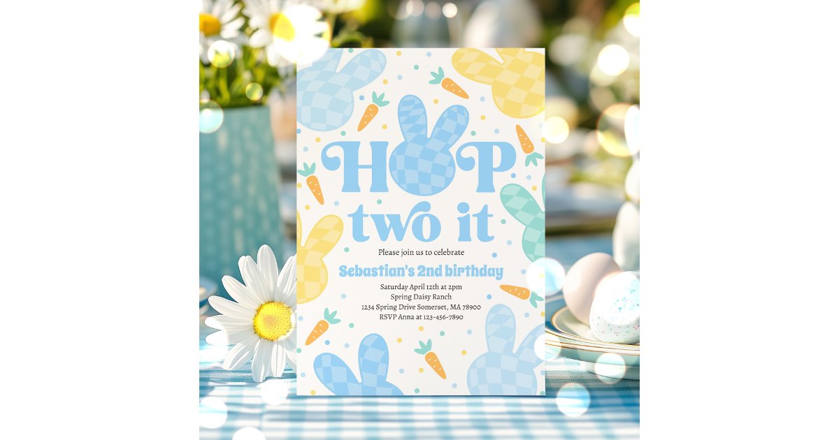 Hop Two Hop Two It Bunny 2nd Birthday Boy Bunny Party Invitation | Zazzle
