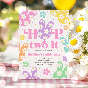 Hop Two It Bunny 2nd Birthday Pastel Daisy Floral Invitation