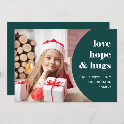 Hope and Hugs  Curved Frame Photo Green Holiday Card