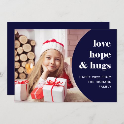 Hope and Hugs  Curved Frame Photo Navy Blue Holiday Card