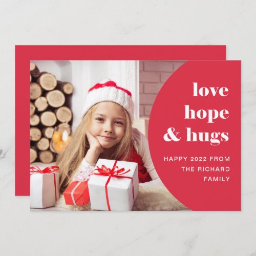 Hope and Hugs  Curved Frame Photo Red Holiday Card