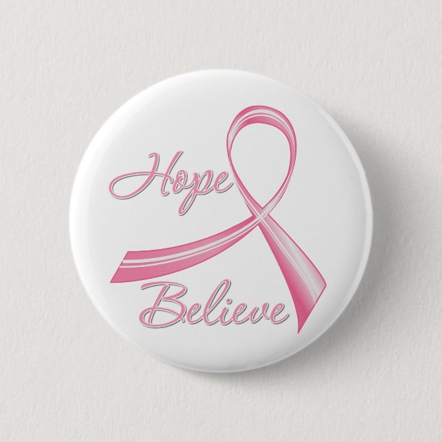 Hope Believe Brush Ribbon Breast Cancer Pinback Button (Front)