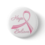 Hope Believe Brush Ribbon Breast Cancer Pinback Button