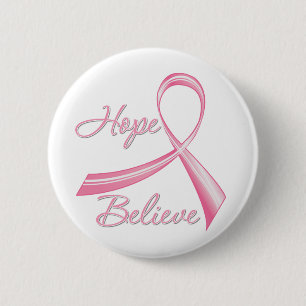 Hope Believe Brush Ribbon Breast Cancer Pinback Button