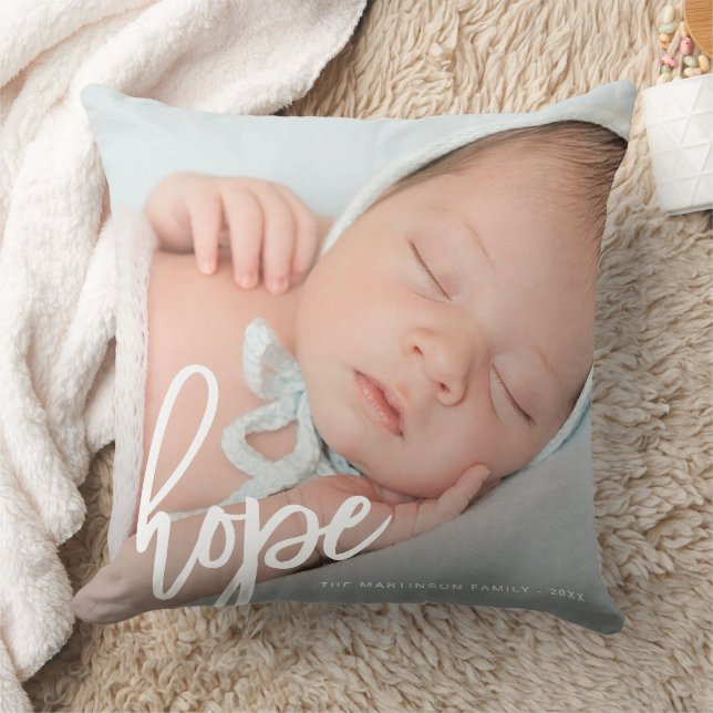 Hope Brush Script in White with Photo Throw Pillow (Blanket)