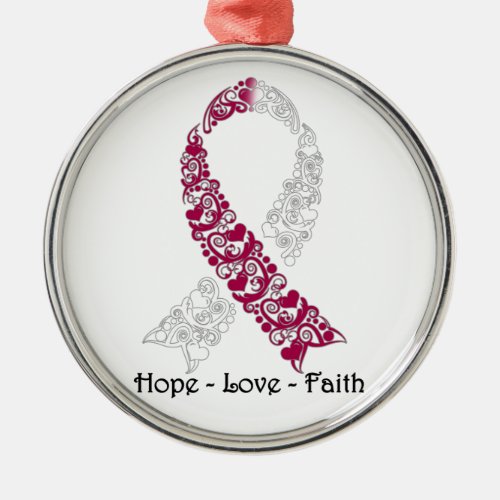 Hope Burgundy and White Awareness Ribbon Metal Ornament