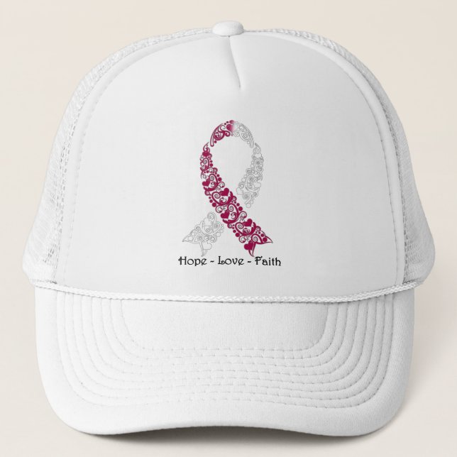Hope Burgundy and White Awareness Ribbon Trucker Hat (Front)