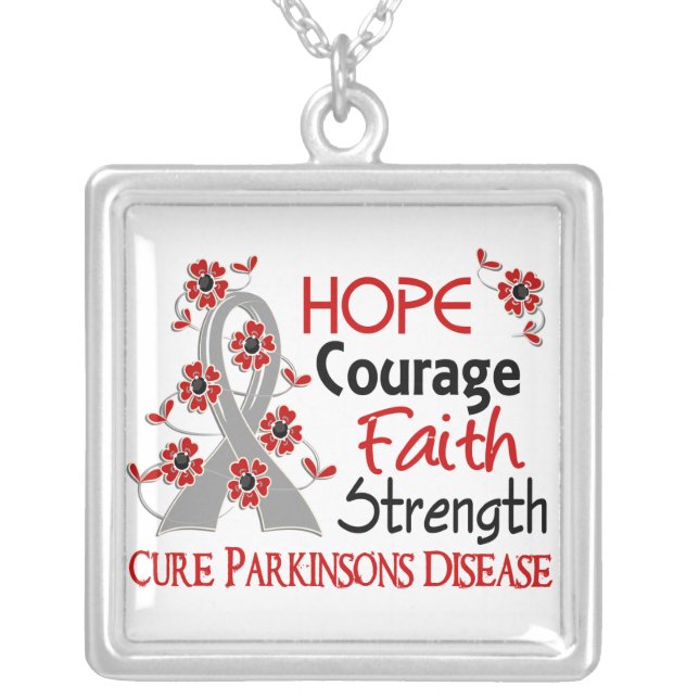 Hope Courage Faith Strength 3 Parkinson's Disease Silver Plated Necklace (Front)