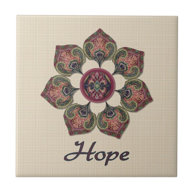 HOPE Fabric Collage Flower Red and Blue Tile (Front)
