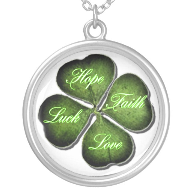 Hope, Faith, Love, & Luck 4 Leaf Clover Silver Plated Necklace (Front)