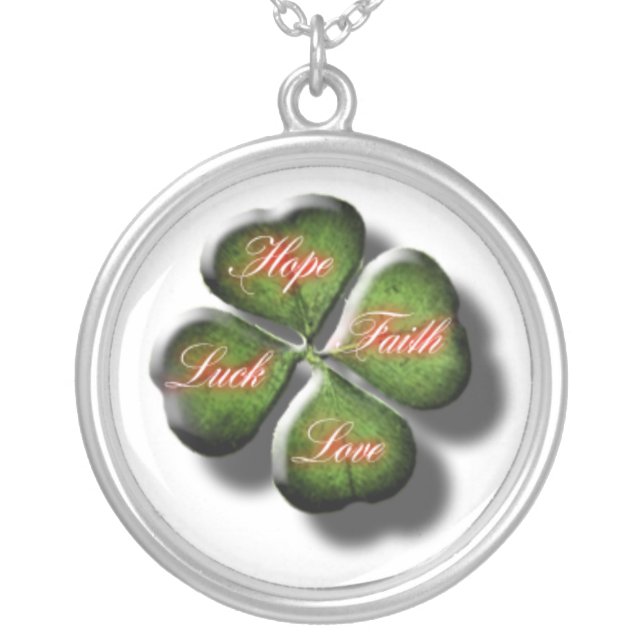 Hope, Faith, Love, & Luck 4 Leaf Clover Silver Plated Necklace (Front)