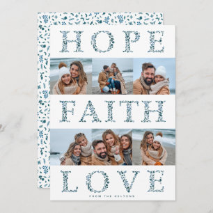 Hope, Faith Love modern floral Christmas photo Holiday Card