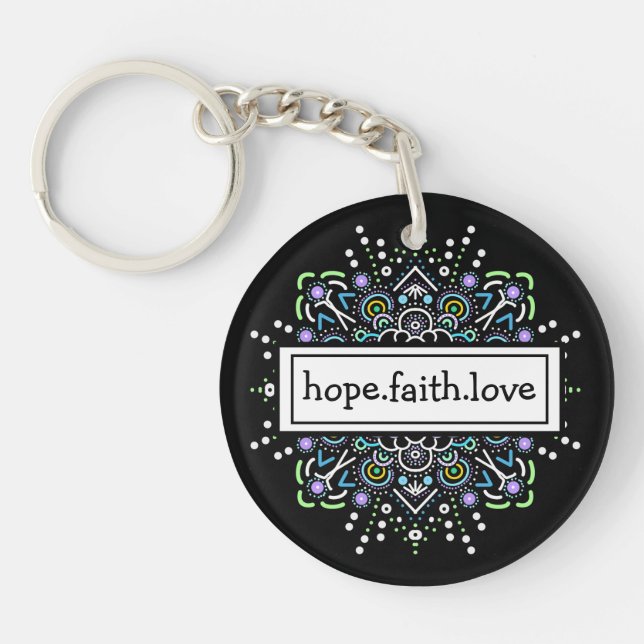 Hope. Faith. Love Purple and Black Mandala Keychain (Front)