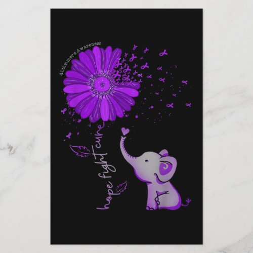 Hope Fight Cute Elephant Alzheimers Purple Ribbon Stationery