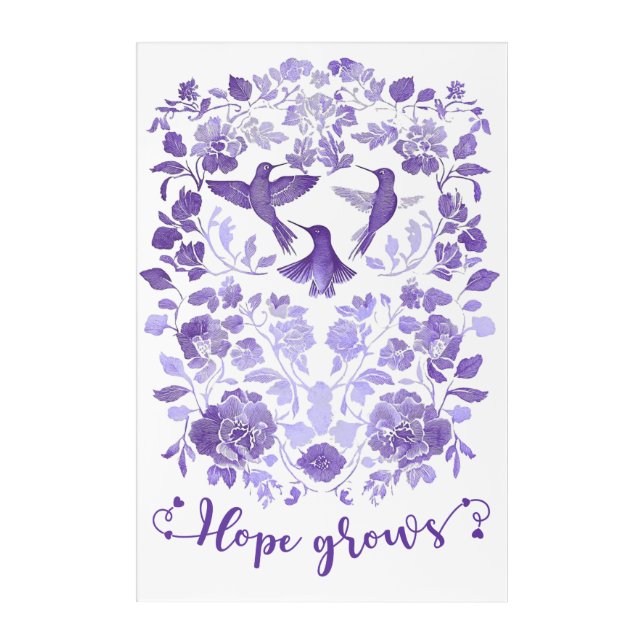 Hope Grows – Lavender Linocut Bird Inspirational Acrylic Print (Front)