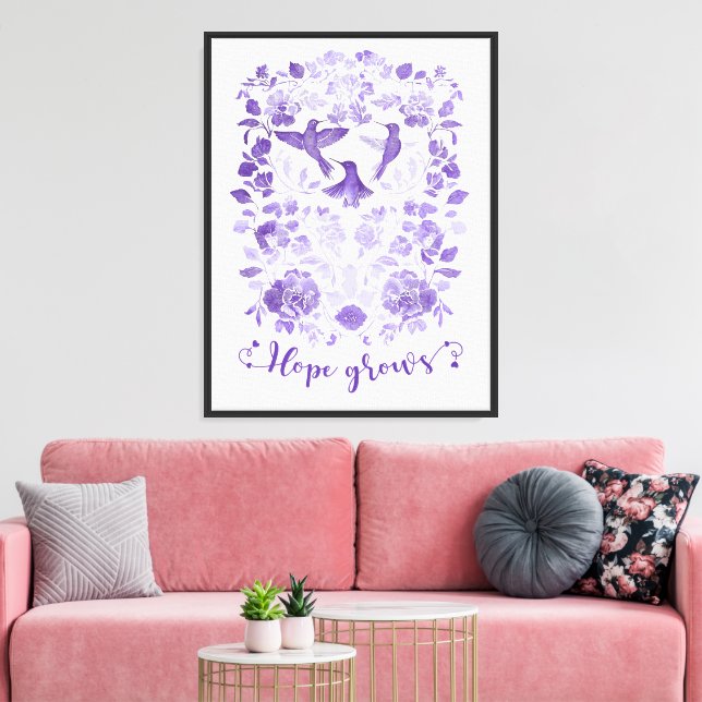 Hope Grows – Lavender Linocut Bird Inspirational Canvas Print (Insitu(LivingRoom))