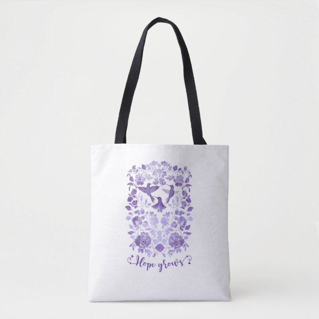 Hope Grows – Lavender Linocut Bird Inspirational Tote Bag (Front)