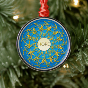 Hope in Center of Gold Geometric Lace Design Metal Ornament