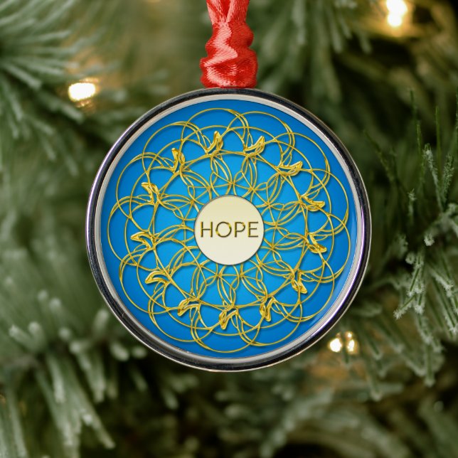 Hope in Center of Gold Geometric Lace Design Metal Ornament (Tree)