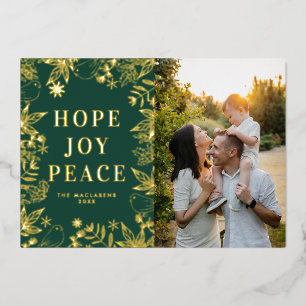 Hope Joy Peace Green and Gold Religious Photo Foil Holiday Card