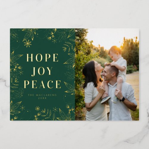 Hope Joy Peace Green and Gold Religious Photo Foil Holiday Card