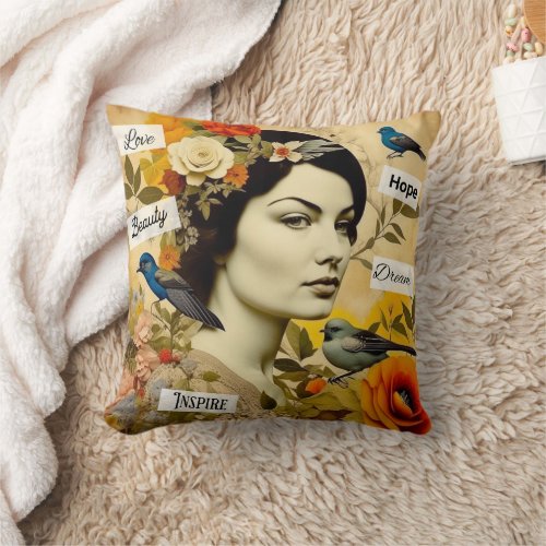 Hope Love Beauty Dream Vintage Lady Throw Pillow