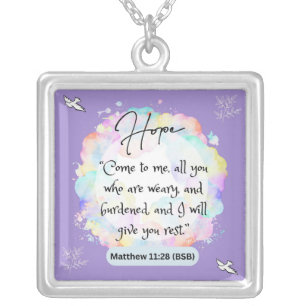 Hope Message - Matthew 11-28 - Square Necklace