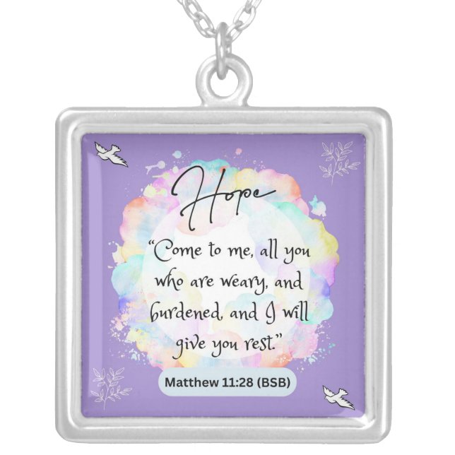 Hope Message - Matthew 11-28 - Square Necklace (Front)