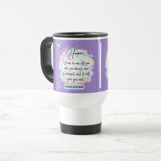 Hope Message - Matthew 11-28 - White Travel Mug  (Front Left)