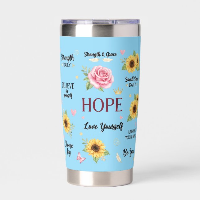 HOPE, Motivational Sunflower Travel Tumbler (Front)