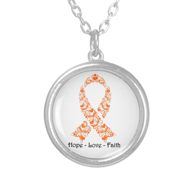 Hope Orange Awareness Ribbon Silver Plated Necklace (Front)