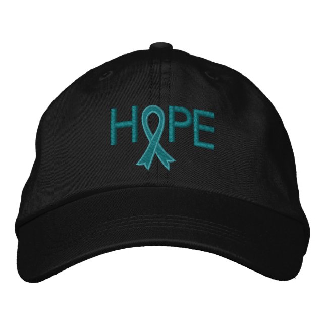 HOPE - Ovarian Cancer Teal Ribbon Embroidered Baseball Hat (Front)