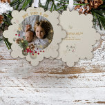 Hope, Peace, Joy Gold Red Holly Photo Keepsake Ornament Card<br><div class="desc">Brilliant red Christmas holly and greenery wreath with festive gold lights surround your favorite photo,  the perfect card to send family and friends Hope,  Peace and Joy for this wonder-filled holiday season</div>