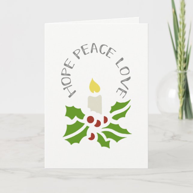 Hope, Peace, Love Minimalist Holly and Candle Holiday Card (Front)
