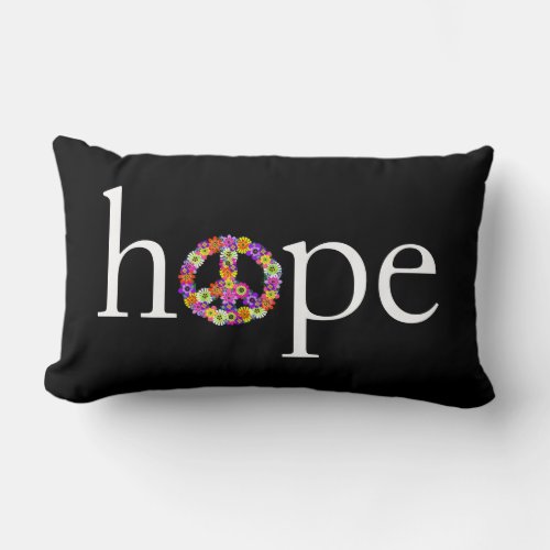 Hope  Peace Sign Floral on Black Lumbar Pillow