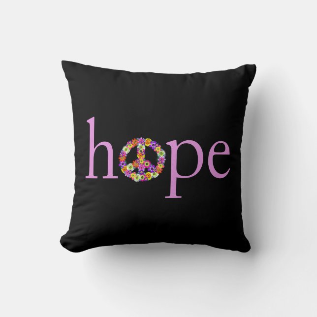 Hope & Peace Sign Floral on Black Throw Pillow (Front)