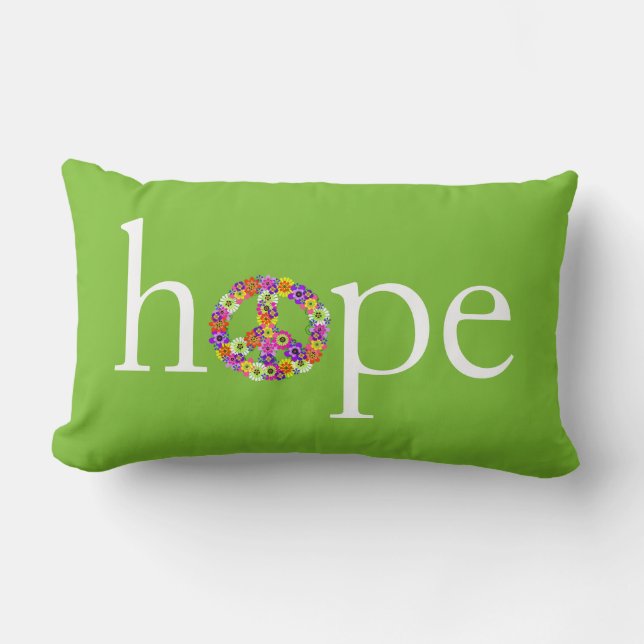 Hope & Peace Sign Floral on Lime Green Lumbar Pillow (Front)