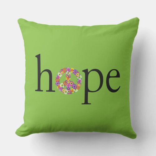 Hope  Peace Sign Floral on Lime Green Outdoor Pillow