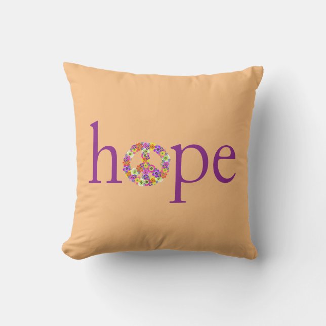 Hope & Peace Sign Floral on Peach Outdoor Pillow (Front)
